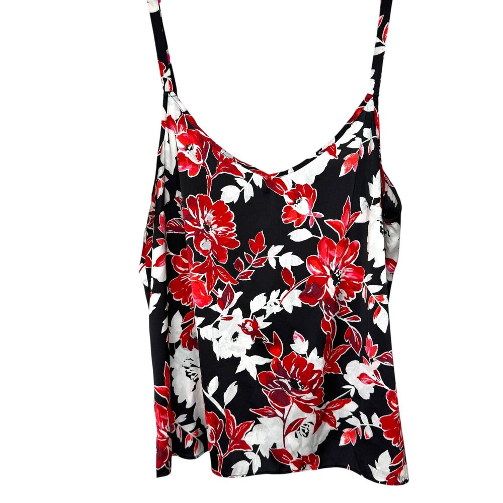 White House Black Market Black red &white floral print silky cami Tank Size 14